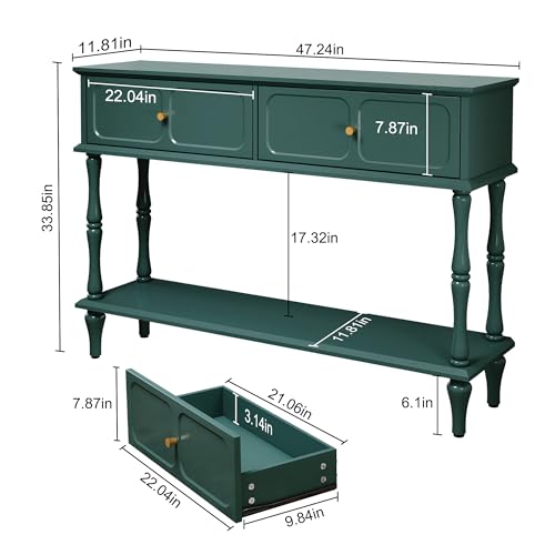 Mid-Century Console Table for Entryway with 2 Drawers, Green Entryway Table with Storage Cabinets and Open Shelf, Narrow Long Couch Table Behind Sofa for Living Room, Foyer, Hallway