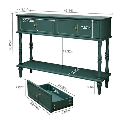 Mid-Century Console Table for Entryway with 2 Drawers, Green Entryway Table with Storage Cabinets and Open Shelf, Narrow Long Couch Table Behind Sofa for Living Room, Foyer, Hallway