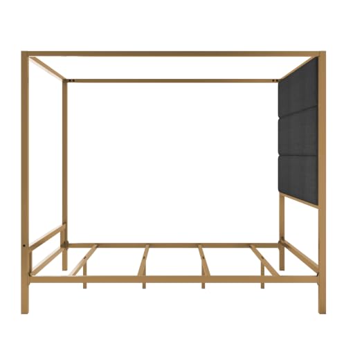 Queen Size Canopy Bed with Upholstered Headboard and Storage,Gold+Dark Grey, view 8