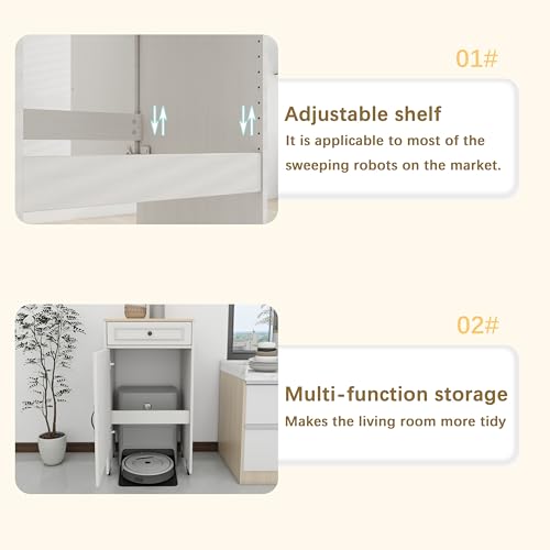 Robot Vacuum Storage Cabinet with Wheels - Antique White Side Table with Drawer & Doors for Living Room, Kitchen, Office