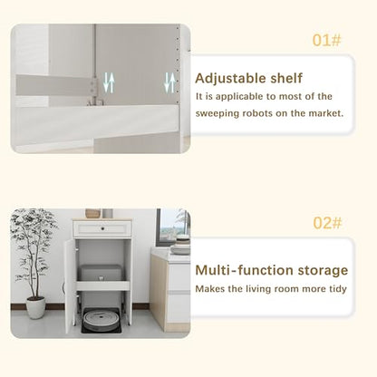 Robot Vacuum Storage Cabinet with Wheels - Antique White Side Table with Drawer & Doors for Living Room, Kitchen, Office