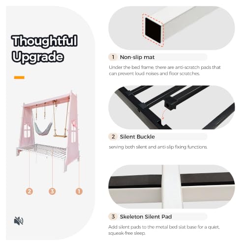 Twin Metal House Bed with Tent, Swing & Hammock, Pink Canopy Bed for Girls, view 5