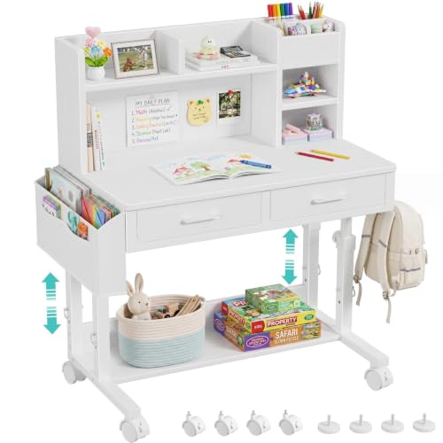 White Kids Desk with Hutch, Height Adjustable 32" Small Study Table, view 2