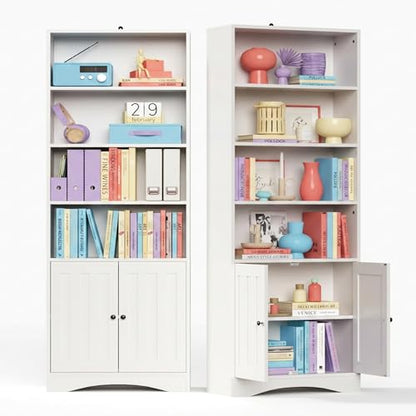 Bookshelves and Bookcases with Doors, 6-Shelf Bookcase, Floor Standing Display Storage Shelves, 71” Tall Bookcase, with Adjustable Shelves, for Home, Office, Living Room, White
