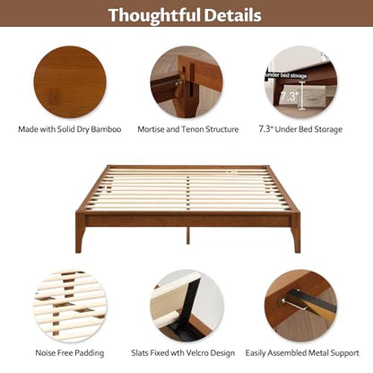 Modern Bamboo Japanese Joinery Queen Bed Frame, Tools Free, Brown, view 6