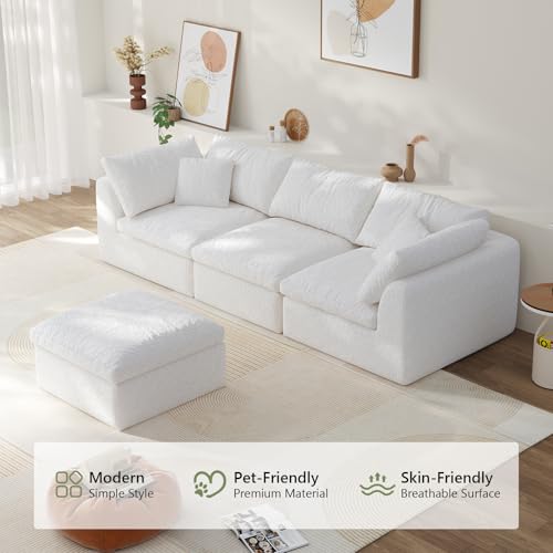 108" Boneless Cloud Couch Modular Sectional Sofa with Deep Seat for Living Room, L Shape Couch with Ottoman, Snowflake Fabric and 40D Memory Sponge，2 Throw Pillows (White, 3 Seater+1 Ottoman)
