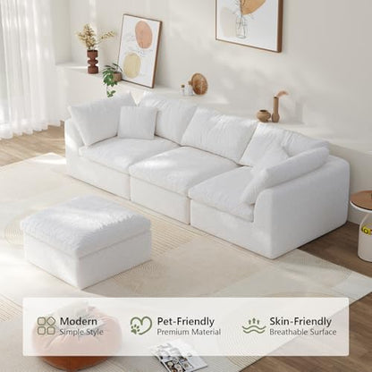 108" Boneless Cloud Couch Modular Sectional Sofa with Deep Seat for Living Room, L Shape Couch with Ottoman, Snowflake Fabric and 40D Memory Sponge，2 Throw Pillows (White, 3 Seater+1 Ottoman)