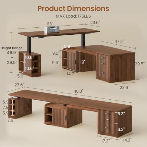 Fluted L Shaped Standing Desk with Storage for Home Office, Brown, view 3