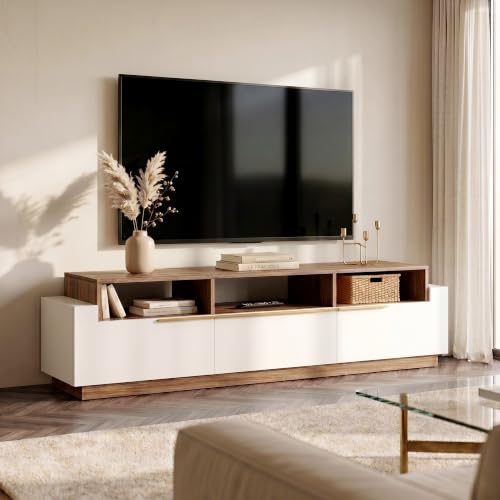 70" TV Stand for TV up to 70", Modern Home Entertainment Center with Open Shelves and Drawers, Media Console Table, Wood Storage Cabinet for Living Room - Broadway (White)