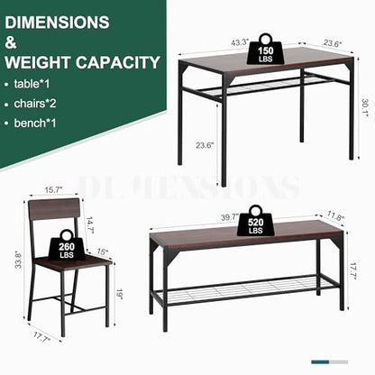 Kitchen Table Chairs Set of 4, Dining Table Set for 4 with Bench and Chairs, 4 Pieces Kitchen Table Set with Storage Rack & Metal Frame for Small Space, Dark Walnut