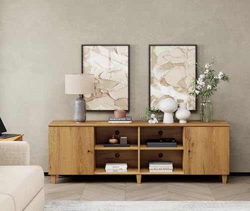 TV Stand for 75+ Inch TV, 70 inch Mid-Century Modern Wood Entertainment Center with Door, Wide Media Console Table with Adjustable Storage Shelves for Living Room, Bedroom, Oak Brown