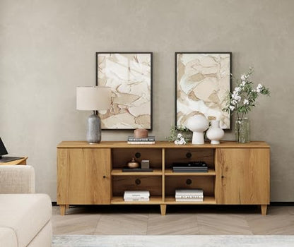 TV Stand for 75+ Inch TV, 70 inch Mid-Century Modern Wood Entertainment Center with Door, Wide Media Console Table with Adjustable Storage Shelves for Living Room, Bedroom, Oak Brown
