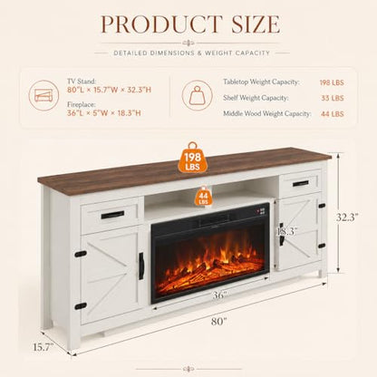 Farmhouse Fireplace TV Stand with Barn Door, 80 inch, White, view 3