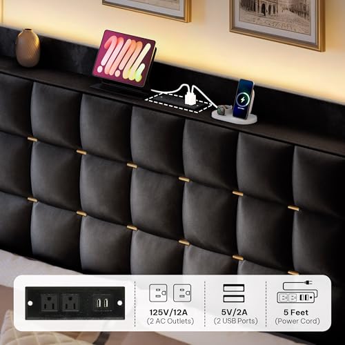 King Size Bed Frame with 4 Drawers, RGB LED Light, Charge Station, view 5