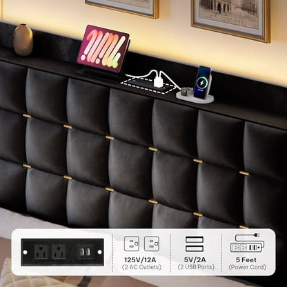 King Size Bed Frame with 4 Drawers, RGB LED Light, Charge Station, view 5