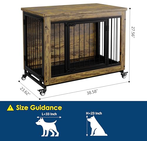 Rustic Wood Dog Crate Furniture with 3 Doors & Wheels, view 7