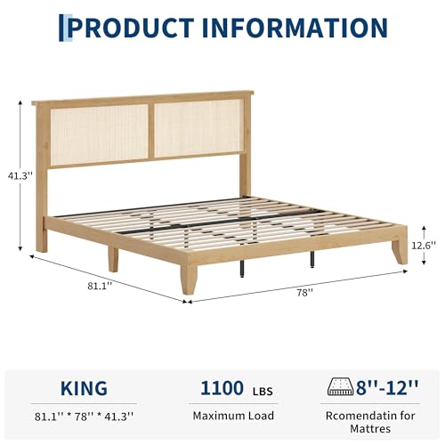 Wooden Rattan King Bed Frame with Headboard & LED Lights & Metal Slats, view 3