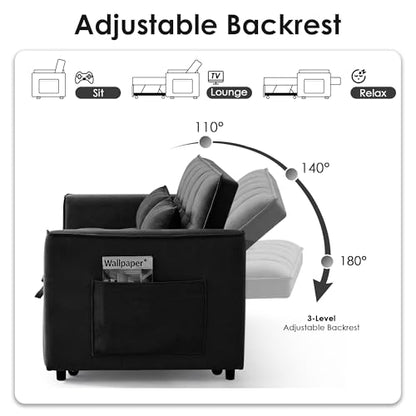 3 in 1 Convertible Sleeper Sofa Bed, 55" Pull Out Couches, Modern Loveseat Sleeper Sofa with Adjustable Reclining Backrest & Side Pockets for Living Room, Velvet Fabric, Black
