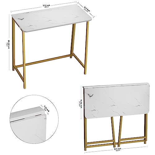 White Faux Marble Folding Desk, 31.5" Small Desk for Small Spaces with Gold Legs, Easy Assemble Foldable Computer Desk, Mini Portable Working Table for Home Office, White and Gold