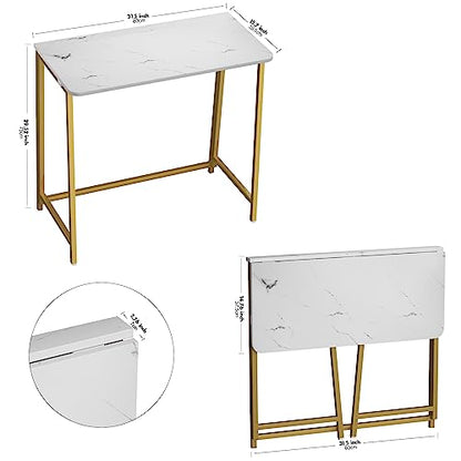 White Faux Marble Folding Desk, 31.5" Small Desk for Small Spaces with Gold Legs, Easy Assemble Foldable Computer Desk, Mini Portable Working Table for Home Office, White and Gold
