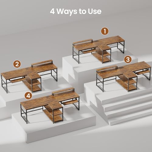 94.5" Home Office Desks, Computer Gaming Desk with Storage, LED Lights, Power Strip with USB, Keyboard Tray & Monitor Stand, Extra Long Double Desk for 2 Person, Rustic Brown