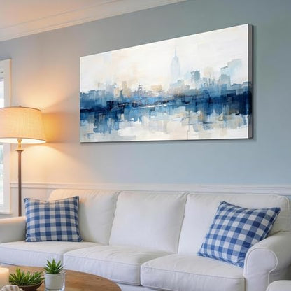 NY Skyline Wall Art Abstarct Cityscape Canvas Painting 40"x20" | new york print for living room blue white NYC picture artwork framed for bedroom office home hallway wall decoration