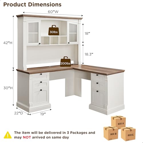 60" L Shaped Farmhouse Executive Desk with Hutch, Antique White, view 3