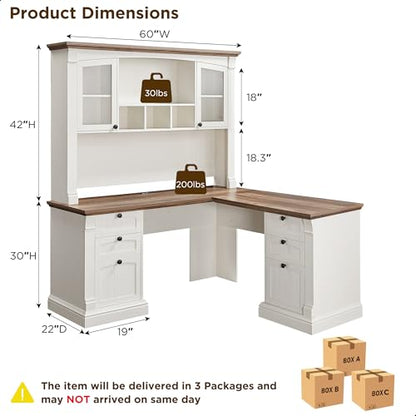 60" L Shaped Farmhouse Executive Desk with Hutch, Antique White, view 3