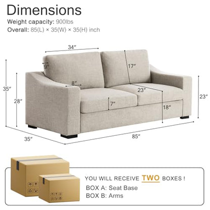 Oversized 85" Deep Seat Sofa, Modern Couches for Living Room, 3 Seater Natural Linen Sofa, Upholstered Cushion & Detachable Cover, Comfy Sofa Couch for Apartment, Oatmeal