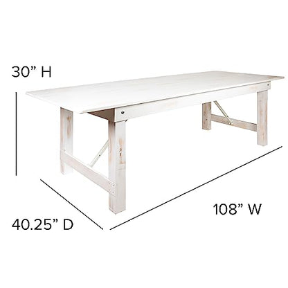 Hercules Commercial Grade Farmhouse Dining Table | Solid Pine Foldable Table for 10 in Antique Rustic White | Rustic Charm for Home and Events