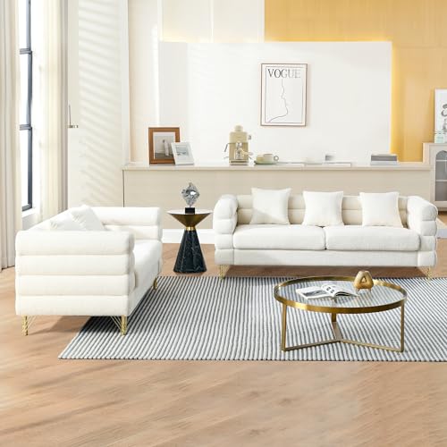 Luxury Teddy Sofa Set for Living Room, Modern Decor Furniture Sectional Sofa, 3 Seater Couch and Loveseat with 5 Pillows for Apartment, Office, Hall (White)
