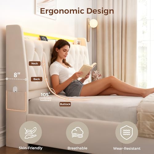 Full LED Velvet Bed Frame with 2 Storage Drawers&Hidden Headboard, view 8