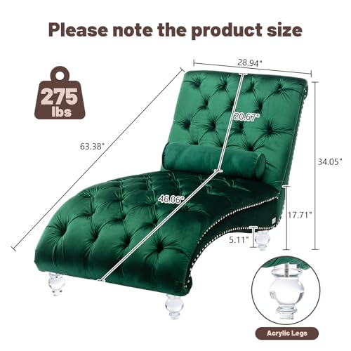Chaise Lounge Chair Indoor Emerald Velvet Upholstered Button Tufted Chaise, view 3