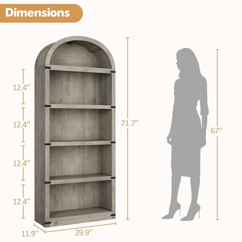 Bookcase 5 Shelf Arched Bookshelf 71.65 in Tall Bookcase Farmhouse Display, view 3