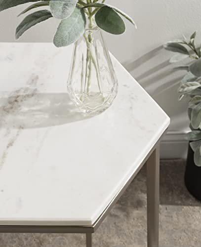 Trillion Modern C-Table; 16 x 14 x 28; Silver; Chic Marble Accent End Table with Geometric Hexagon Top