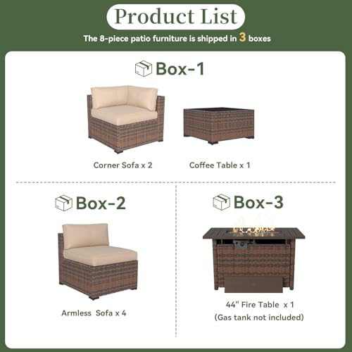 8 Piece Patio Furniture Set with 44” Fire Pit Table Wicker Rattan Outdoor Sectional Sofa Set with Coffee Table and Thickened Cushions, Beige