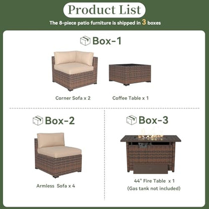 8 Piece Patio Furniture Set with 44” Fire Pit Table Wicker Rattan Outdoor Sectional Sofa Set with Coffee Table and Thickened Cushions, Beige