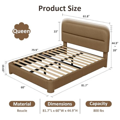WEUP Queen Upholstered Bed Frame, Brown Cloud Boucle Bed with Headboard, view 3