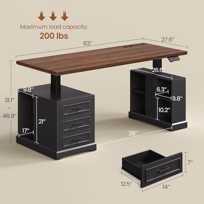 63" Farmhouse Electric Standing Desk with 3 Drawers, Storage Shelves, view 3