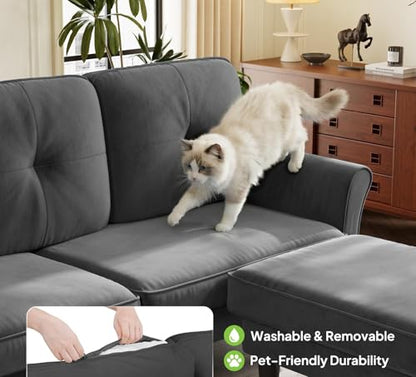 Sectional Couches for Living Room, 83" Velvet Modern 3 Seater Sofa, L Shaped Couch with Ottoman, Small Sectional Couch Sofas for Living Room, Bedroom, Apartment, Office, Grey Sofa