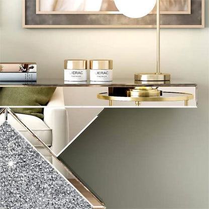 47.2'' Silver Console Table, Modern Entryway Tables with Diamond Shaped Mirror Finished, Glam Long Accent Narrow Table, Glass Sofa Table Foyer Table for Living Room Hallway Entrance