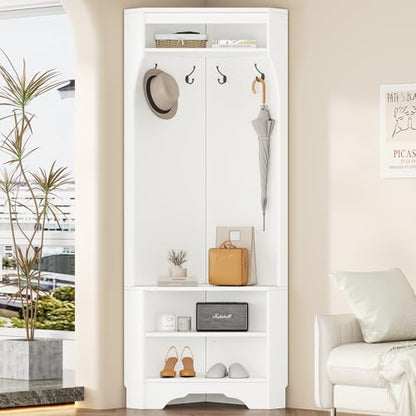 Corner Hall Tree with Shoe Bench, Entryway Coat Rack with 4 Hooks, Corner Cabinet with Adjustable Shelf for Hallway, Living Room, White, 29.5''W*71.6''H