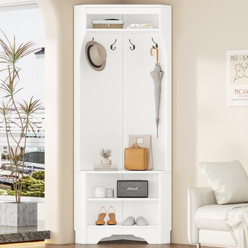 Corner Hall Tree with Shoe Bench, Entryway Coat Rack with 4 Hooks, Corner Cabinet with Adjustable Shelf for Hallway, Living Room, White, 29.5''W*71.6''H