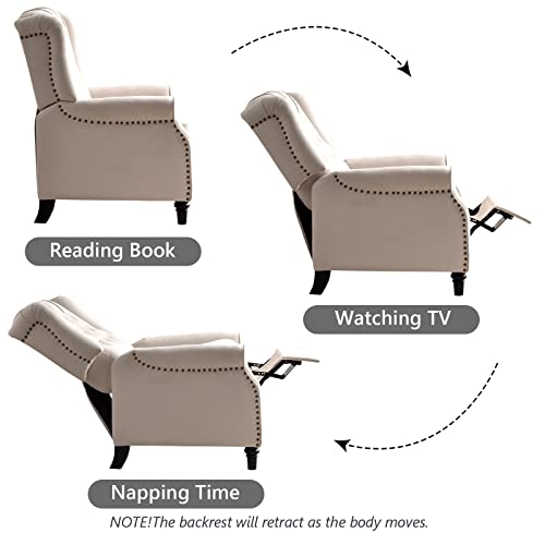 Push Back Recliner Chair,Accent Chair,Mid Century Wingback Recliner, Fabric Push Back Recliner Chair Single Armchair Sofa with Rivet Decoration, Button-Tufted Back for Living Room, White