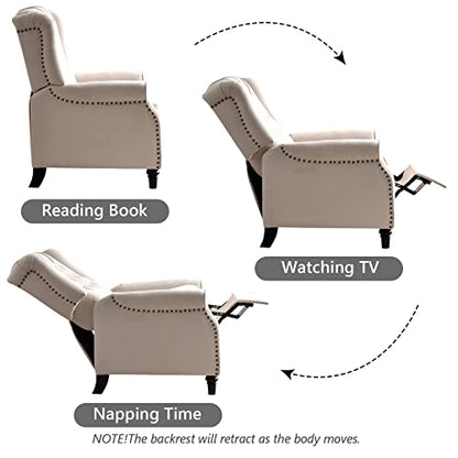 Push Back Recliner Chair,Accent Chair,Mid Century Wingback Recliner, Fabric Push Back Recliner Chair Single Armchair Sofa with Rivet Decoration, Button-Tufted Back for Living Room, White