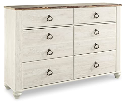 Signature Design by Ashley Willowton Dresser, 6 Drawer Whitewash Bedroom Dresser, Coastal Cottage Style Chest of Drawers, Engineered Wood, Antique Brass Ring-Pulls, 61" W
