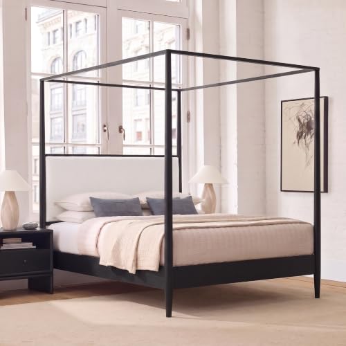 Queen Size Wood Canopy Bed with Upholstered Headboard, Black, view 4