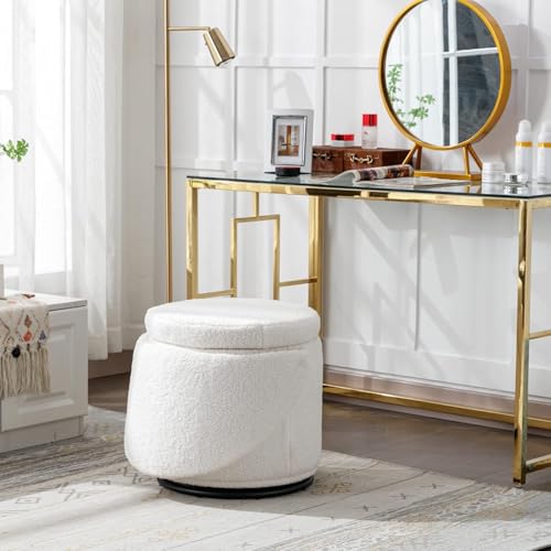 Modern Swivel Ottoman Vanity Chair, Sherpa Upholstered Barrel Club Chairs 360°Degree Swivel Side Chair with Storage, Comfy Makeup Stool for Bedroom Living Room, White