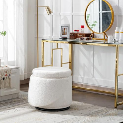 Modern Swivel Ottoman Vanity Chair, Sherpa Upholstered Barrel Club Chairs 360°Degree Swivel Side Chair with Storage, Comfy Makeup Stool for Bedroom Living Room, White