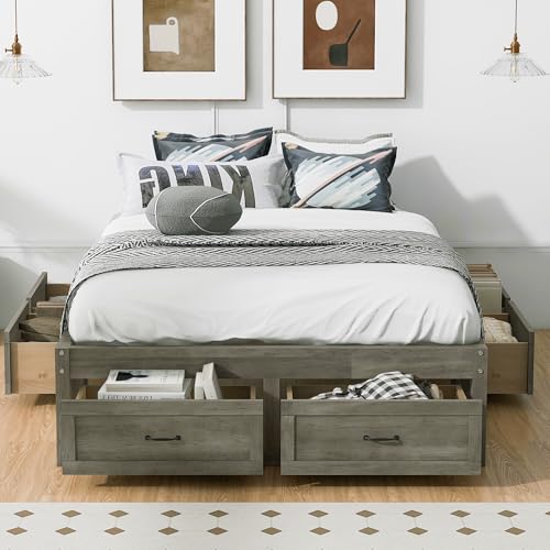 JIVOIT Full Size Bed Frame with 6 Storage Drawers, Wood Platform Bed Frame with Spacious Storage, Wooden Slats Support, No Box Spring Needed, Easy Assembly (Antique Gray/Full)